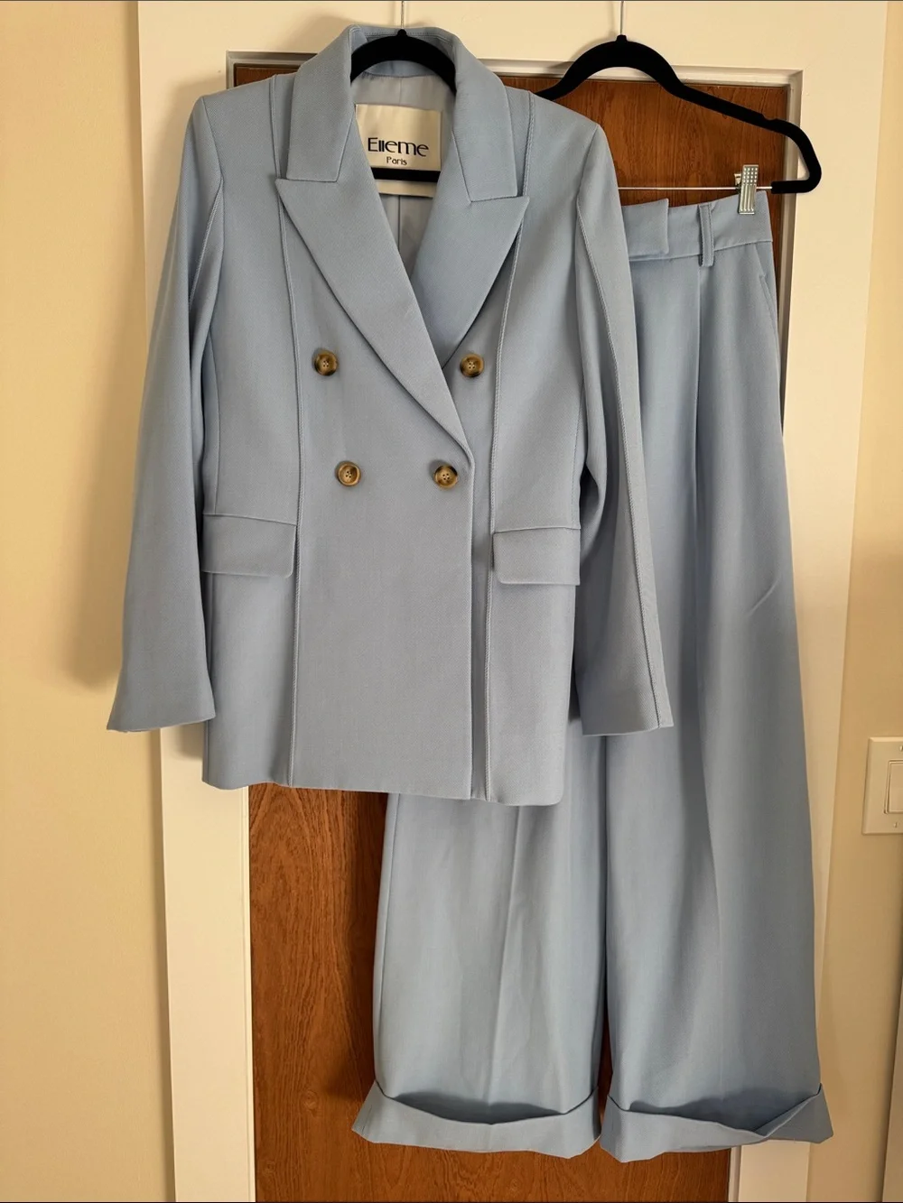 Elleme Light Blue Double-Breasted Blazer & Wide-Leg Trousers Set